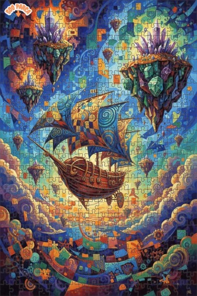 Teona Ahşap لغز فني على شكل سفينة في السماء، جزيرة كريستالية، لوحة زيتية، 500...