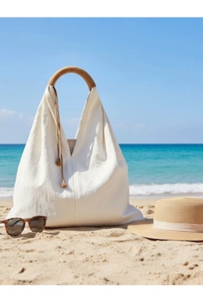 PriStyle Geantă de plajă din pânză, model Eco Chic cu mâner din frânghie răsu...