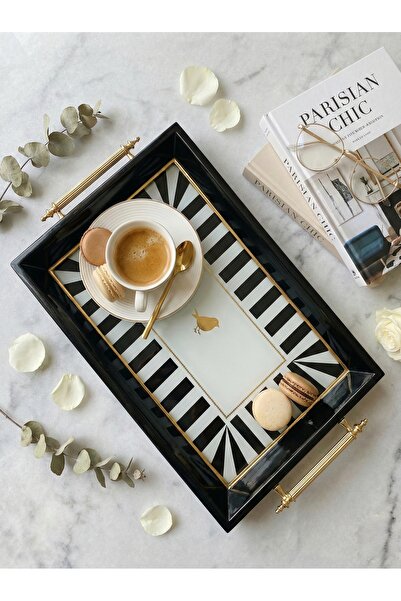 Le Paon صينية عرض مزخرفة بخطوط سوداء وبيضاء مع مقبض معدني ذهبي - صينية قهوة ف...