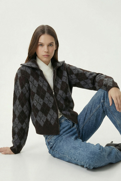 Lovelyİstanbul Baklava Patterned Zippered Knitwear Cardigan Lpn0014 Black Ant...