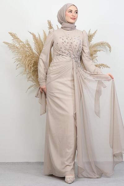 GİYZAMİLA Arden Tulle Evening Dress Beige