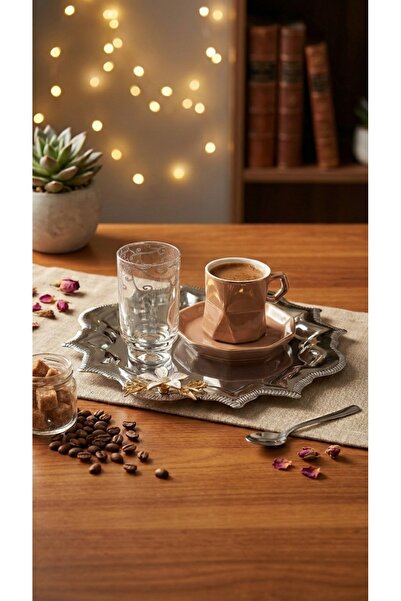 FABRIONA 12’lı Köşeleri Dalgalı Mini Papatyalı Paslanmaz Çelik Çay Kahve Nişan Sunum Tepsi Gold Gümüş 24x24cm