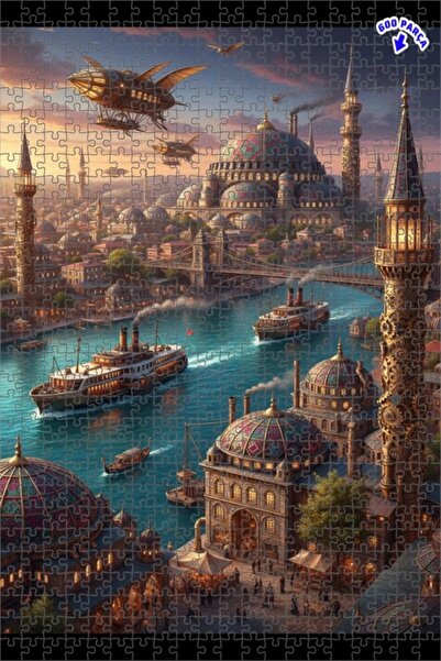 Teona Ahşap Steampunk İstanbul Manzaralı Yağlı Boya Görünümlü Çift Katlı Çerç...
