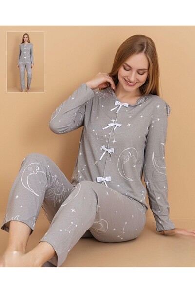 Eta Collection Women's Moon and Star Pattern Pajamas Set Long Sleeve Bow Cott...