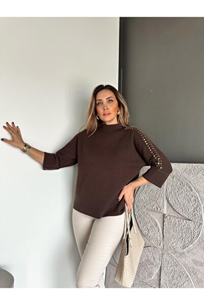 Zerrincan Giyim Kahve Kare Taşlı Premium Kazak