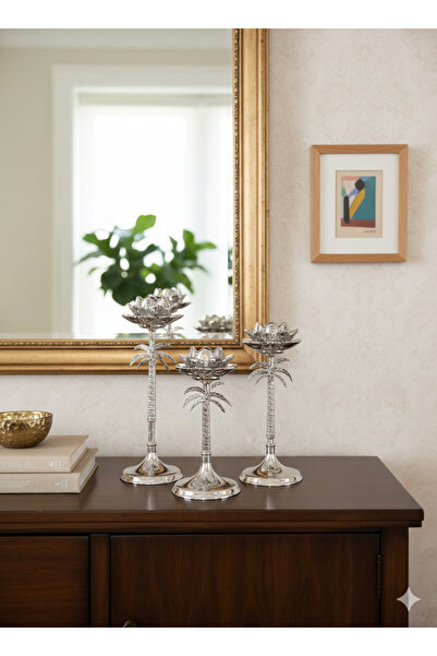 madam concept Palmiye Detaylı Lotus Cam Mumluk 3’lü Set – Gold & Gümüş Renk S...