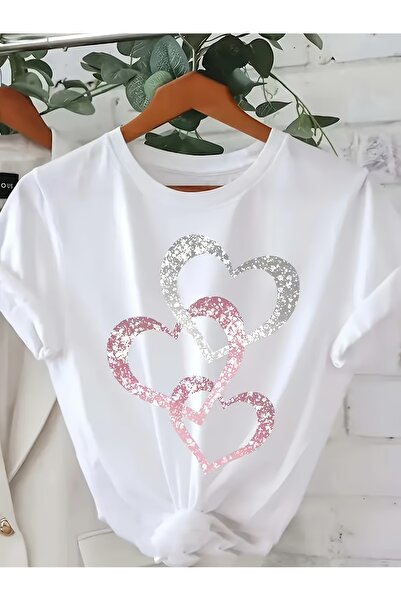 uyguntarz Unisex İç İçe Geçmiş Kalpler Baskılı Tasarım Tshirt