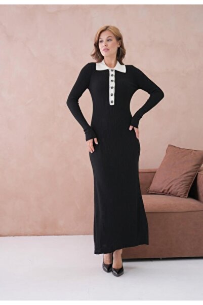 fuşyha butik Polo Neck Buttoned Midi Length Knit Dress