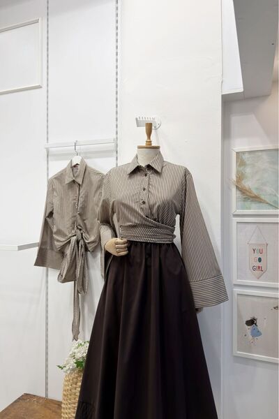 Faya Boutique Kahverengi Çizgili Bağlamalı Gömlek