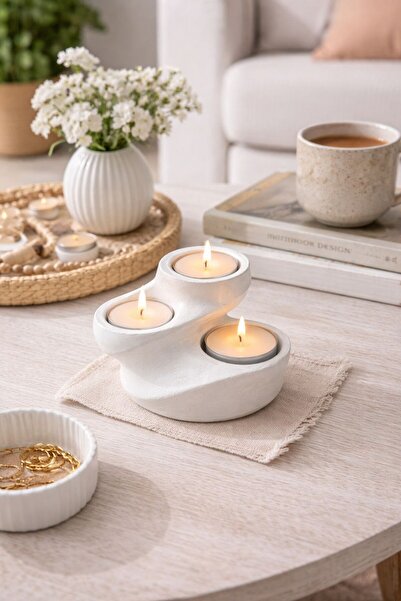 BUBUHOMEDECOR Modern Evler için 3'lü Mumluk ve Mum Beyaz Renk