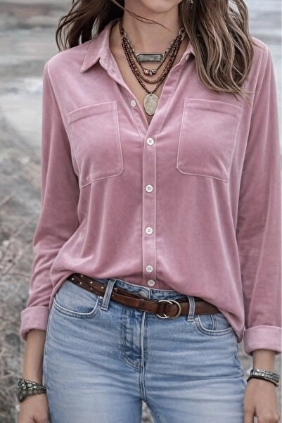 JANES Women's Long Sleeve Collared Front Buttoned Velvet Shirt with Pocket De...