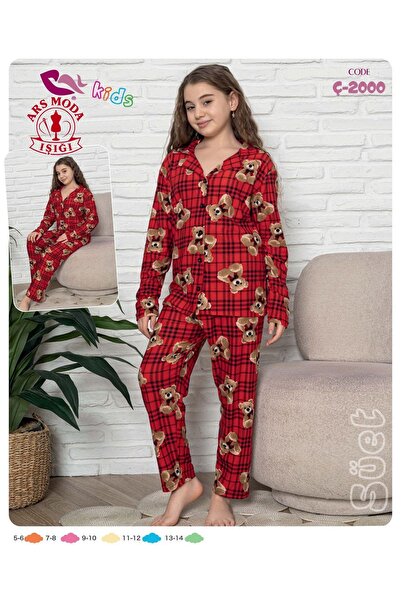 ars moda ışığı Kız Çocuk Kırmızı Ayıcık Desenli Düğmeli Pijama Takımı