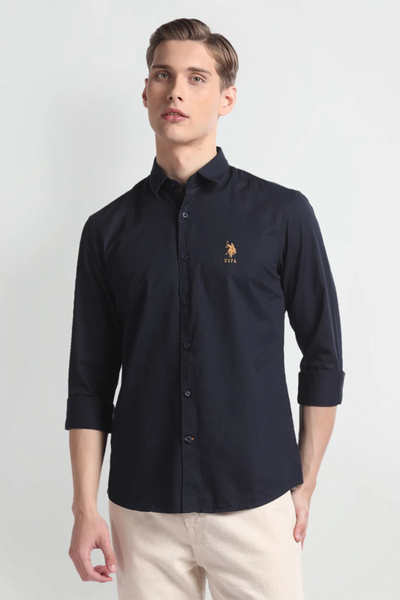 U.S. Polo Assn. Mens Dark Blue Solid Tailored Fit Cotton Shirt