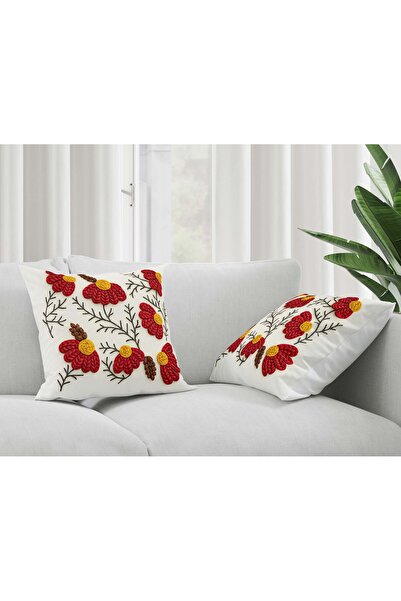 Şah Dekor Bohemian Boho Daisy Themed Red Color 3D Digital Printed Gift 2-Piec...