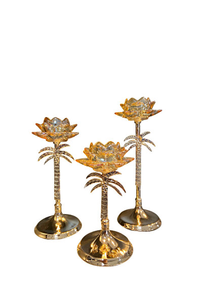 madam concept Palmiye Detaylı Lotus Cam Mumluk 3’lü Set – Gold & Gümüş Renk S...