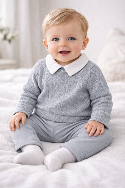 Uğur bebe Premium 3-piece baby boy set: snap-front knit sweater, collared bod...