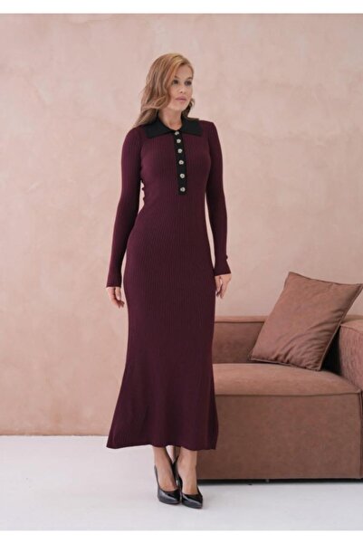 fuşyha butik Polo Neck Buttoned Midi Length Knit Dress