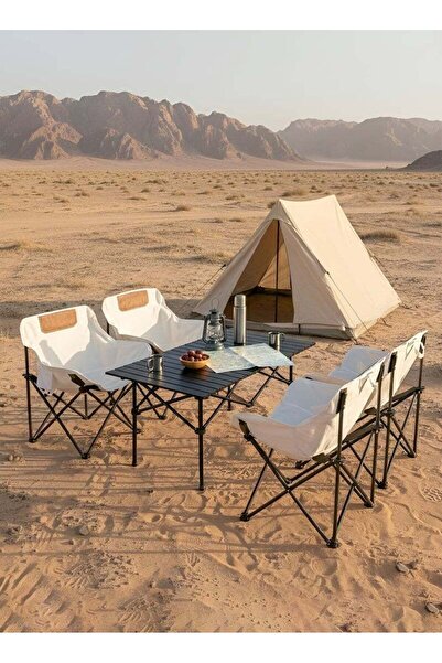 Taimi 5-Piece Folding Camping Set: Table (120x55x62cm) & 4 Chairs with Steel ...