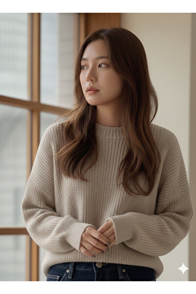 FAVORİST Knitwear Btk Women's Low Sleeve Oversized Mold Crew Neck Sweater