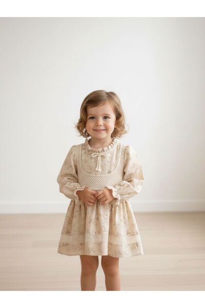 Cherrys Bebek Girl's Dress with Mesh and Printed Pompoms