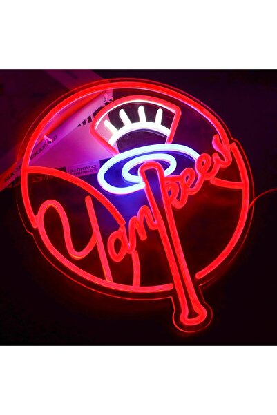 Slasa لوحة نيون يانكيز 33×38 سم، إضاءة LED حمراء/زرقاء/بيضاء - أكريليك مع قاعدة