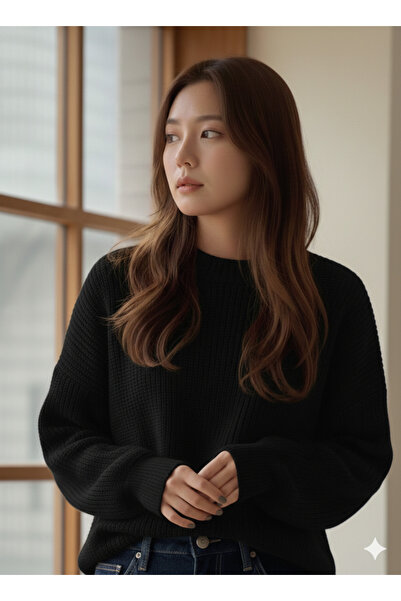 FAVORİST Knitwear Btk Women's Low Sleeve Oversized Mold Crew Neck Sweater