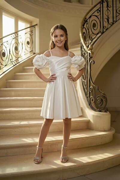 BUTİKHAPPYKİDS Girl's Strap Cream Balloon Sleeve Monorail Fabric Evening Dres...