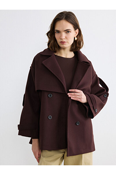 LC Waikiki MG TRENDEN Kahverengi Kruvaze Yaka Oversize Kadın Kaşe Kaban