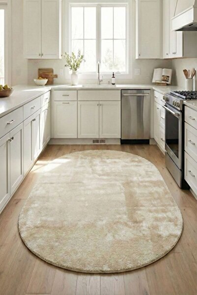 Evrimax Peluş Halı Yeni Model Elips Bej Mutfak Halısı Özel Seri Kaymaz Taban ...