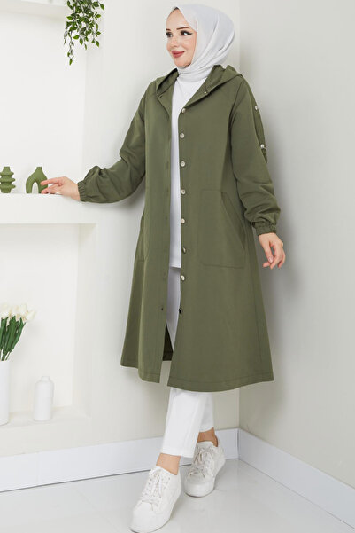 Tesettür Diyarı Torino Kumaş Düğmeli Kapüşonlu Trenç- Haki
