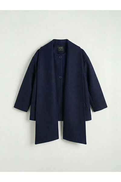 LC Waikiki Mg Trenden Navy Blue Scarf Collar Oversized Women's Cashmere Coat