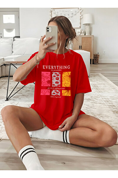 caddekombin Women's Colorful Flower Printed Motivational Red T-Shirt