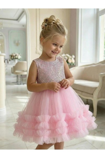 BUTİKHAPPYKİDS Kız Çocuk Pembe Payetli Volanlı Tüllü Prenses Abiye Elbise 1-5 Yaş