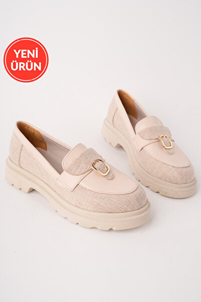 MARSHETTA Nerina Model Beige Linen Women's Loafer Casual Shoes with Leather a...