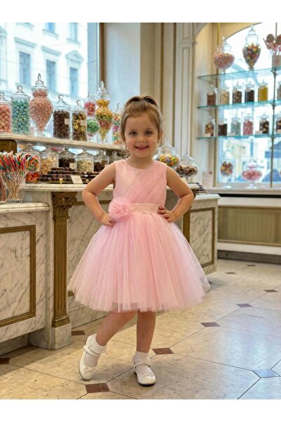 BUTİKHAPPYKİDS Girl's Pink Flounce Tulle Evening Dress with Floral Detail, Ag...