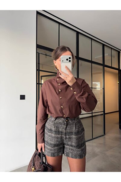 BB Bensu Buyruk Cămașă din poplin cu guler înalt și nasturi, maro