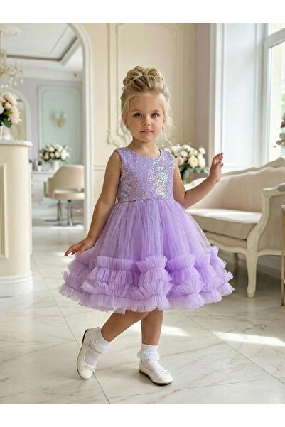 BUTİKHAPPYKİDS Girl's Lilac Sequined Flounced Tulle Princess Evening Dress 1-...