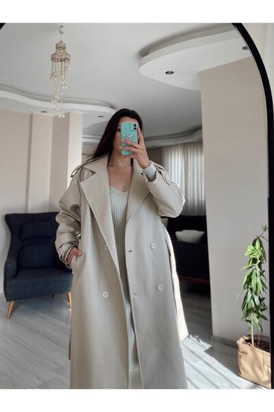 Hacer Balcı Bej Astarlı Kuşaklı Rüzgar Geçirmez Deri Kaban