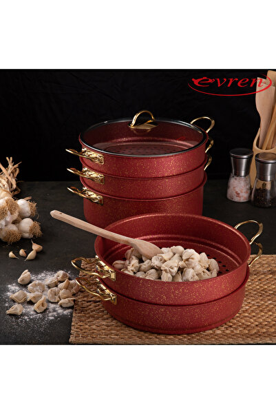EVREN MUTFAK 6 Piece 34 cm Red Steamer, Ravioli Pot Set 12 Lt