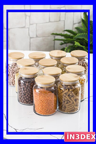 İN3DEX وعاء تخزين زجاجي مفرغ الهواء مع غطاء من الخيزران سعة 800 مل، طقم من 12...