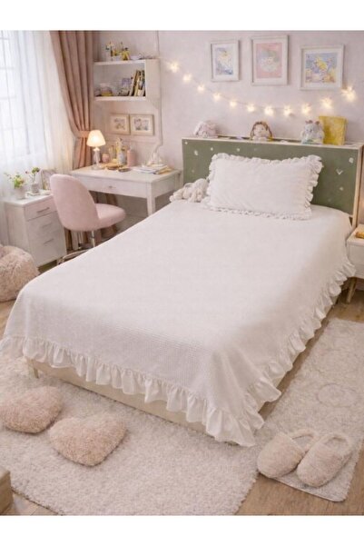 Pedimu Fırfır Detaylı Waffle Pike Tek Kişilik Yatak Örtüsü + Yastık Kılıfı (1...