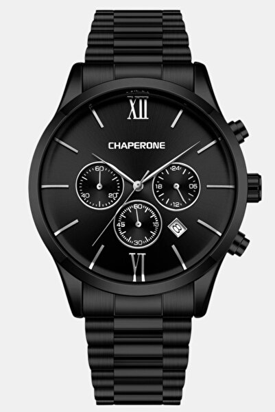 Chaperone ساعة يد رجالية بمينا أسود وسوار فولاذي C002350