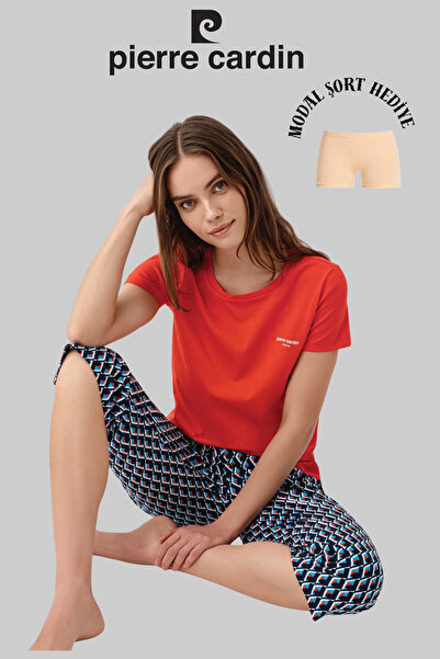 Pierre Cardin Women's Red Wide Collar Capri Pajama Set (Modal Shorts with Gift)