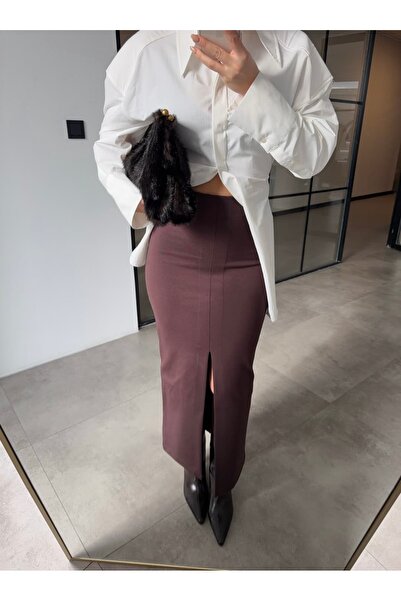 BB Bensu Buyruk Split Steel Maxi Skirt Brown