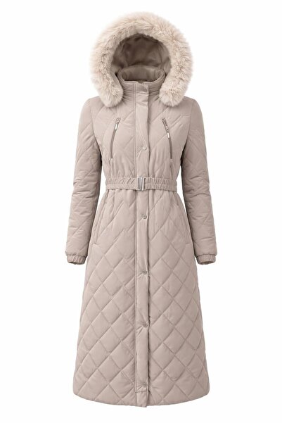 ESİN GİYİM Baklava Desenli Kürk Kapşonlu Kemerli Uzun Şişme Mont