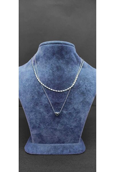 KirLiNova قلادة بسيطة ذات طبقة مزدوجة بلون فضي مع شكل قلب - فضي