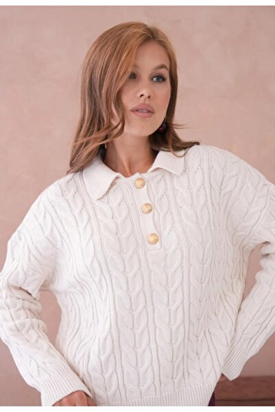 fuşyha butik Polo Yaka Zincir Şerit Desenli Düğmeli Triko Kazak