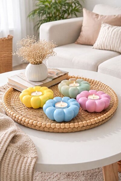 BUBUHOMEDECOR 4'lü Çiçek Dekoratifli Mumluk ve Mum