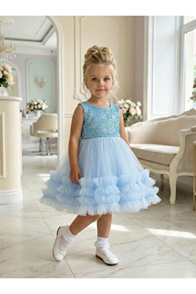 BUTİKHAPPYKİDS Girl's Blue Sequined Flounced Tulle Princess Evening Dress 1-5...