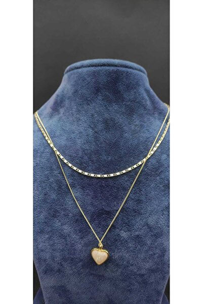 KirLiNova Kalp Taş Detaylı Çift Katmanlı Gold Görünümlü Kolye -Altın